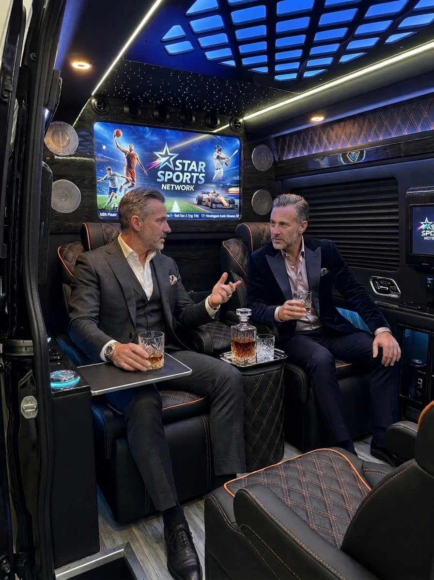 Executive van cabin with Star Sports Network screen and passengers in formal attire